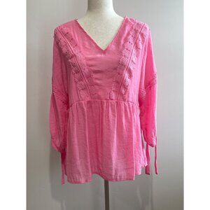 Cato Bohemian Blouse Womens M Pink Lace V-Neck Balloon Sleeve